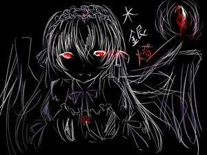 Rating: Safe Score: 0 Tags: 1girl dress flower gothic_lolita hairband image lolita_fashion lolita_hairband long_hair looking_at_viewer monochrome red_eyes ribbon rose simple_background solo spot_color suigintou upper_body wings User: admin