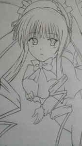 Rating: Safe Score: 0 Tags: 1girl bow bowtie breasts greyscale image long_hair long_sleeves looking_at_viewer monochrome photo shinku simple_background solo traditional_media twintails white_background User: admin