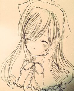 Rating: Safe Score: 0 Tags: 1girl bangs blush bow braid closed_eyes dress eyebrows_visible_through_hair graphite_(medium) image long_hair monochrome solo suiseiseki traditional_media upper_body User: admin