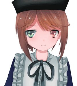 Rating: Safe Score: 0 Tags: 1girl apron bangs black_headwear blue_dress blush brown_eyes brown_hair closed_mouth dress eyebrows_visible_through_hair frills green_eyes hat image looking_at_viewer ribbon short_hair simple_background smile solo souseiseki upper_body white_background User: admin