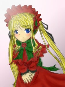 Rating: Safe Score: 0 Tags: 1girl blonde_hair blue_eyes blush bonnet bow bowtie cowboy_shot dress flower green_bow green_neckwear image long_hair long_sleeves looking_at_viewer red_dress rose shinku sidelocks simple_background solo twintails v_arms User: admin