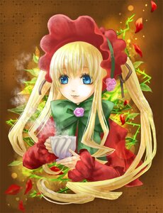 Rating: Safe Score: 0 Tags: 1girl blonde_hair blue_eyes bonnet bow bowtie capelet cup dress flower green_bow image long_hair long_sleeves looking_at_viewer petals pink_rose red_dress rose shinku simple_background sleeves_past_wrists solo teacup twintails upper_body User: admin