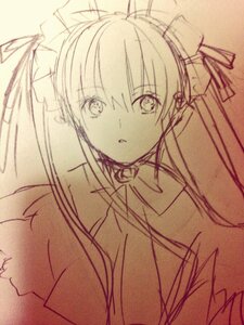 Rating: Safe Score: 0 Tags: 1girl eyebrows_visible_through_hair hair_ribbon image long_hair looking_at_viewer monochrome parted_lips ribbon school_uniform shinku solo twintails upper_body User: admin