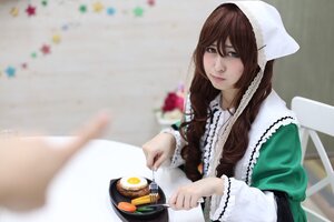 Rating: Safe Score: 0 Tags: 1girl blurry blurry_foreground brown_hair depth_of_field food head_scarf heterochromia long_hair photo solo suiseiseki table User: admin