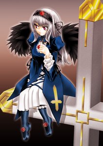 Rating: Safe Score: 0 Tags: 1girl black_wings boots dress feathers flower frills hairband image long_hair long_sleeves looking_at_viewer pink_eyes puffy_sleeves red_eyes ribbon rose silver_hair solo standing suigintou wings User: admin