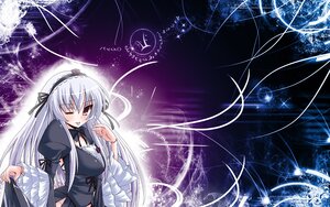 Rating: Safe Score: 0 Tags: 1girl blush breasts dress frills hairband image long_hair long_sleeves one_eye_closed red_eyes silver_hair solo suigintou tongue tongue_out very_long_hair wings User: admin