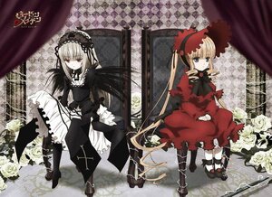 Rating: Safe Score: 0 Tags: 2girls blonde_hair boots bow dress flower frills hairband image long_hair long_sleeves looking_at_viewer multiple_girls pair red_eyes rose shinku silver_hair sitting suigintou twintails very_long_hair wings User: admin