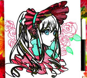 Rating: Safe Score: 0 Tags: 1girl blue_eyes flower image long_hair red_flower red_rose rose shinku solo striped traditional_media User: admin