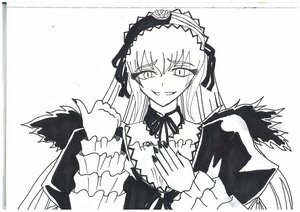 Rating: Safe Score: 0 Tags: 1girl dress frilled_sleeves frills greyscale hairband image long_hair long_sleeves looking_at_viewer monochrome ribbon smile solo suigintou traditional_media upper_body wings User: admin