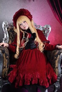 Rating: Safe Score: 0 Tags: 1girl blonde_hair blue_eyes dress drill_hair lace long_hair long_sleeves looking_at_viewer pantyhose red_dress shinku sitting solo User: admin