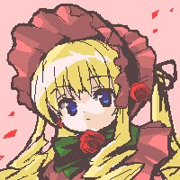 Rating: Safe Score: 0 Tags: 1girl bangs blonde_hair blue_eyes bow dress eyebrows_visible_through_hair flower image long_hair pink_background rose shinku solo User: admin