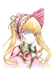 Rating: Safe Score: 0 Tags: 1girl blonde_hair blue_eyes bonnet bow bowtie drill_hair green_bow image long_hair looking_at_viewer portrait rose shinku simple_background solo traditional_media twintails white_background User: admin