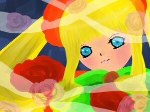 Rating: Safe Score: 0 Tags: 1girl bangs blonde_hair blue_eyes flower image long_hair looking_at_viewer pink_rose red_flower rose shinku smile solo User: admin