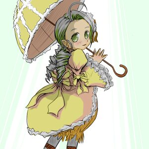 Rating: Safe Score: 0 Tags: 1girl ahoge antenna_hair blush dress drill_hair frills full_body green_eyes green_hair holding holding_umbrella image kanaria long_hair long_sleeves looking_at_viewer looking_back parasol puffy_sleeves solo standing striped striped_background tongue twin_drills umbrella vertical_stripes yellow_dress User: admin