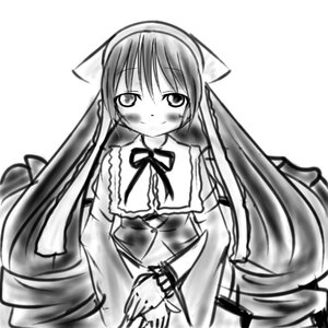 Rating: Safe Score: 0 Tags: 1girl blush cat_ears dress greyscale image long_hair long_sleeves looking_at_viewer monochrome ribbon simple_background smile solo suiseiseki very_long_hair white_background User: admin