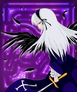 Rating: Safe Score: 0 Tags: 1girl black_feathers black_wings dress feathers flower frilled_sleeves frills hairband holding holding_sword holding_weapon image long_hair long_sleeves looking_back pink_eyes silver_hair solo suigintou sword very_long_hair weapon wings User: admin