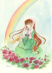 Rating: Safe Score: 0 Tags: 1girl brown_hair dress flower green_dress green_eyes image long_hair long_sleeves pink_flower pink_rose red_flower red_rose ribbon rose solo suiseiseki very_long_hair watering_can User: admin