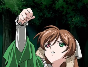 Rating: Safe Score: 0 Tags: 1girl brown_hair clenched_teeth forest green_dress green_eyes heterochromia image long_sleeves nature outdoors red_eyes solo suiseiseki teeth tree User: admin
