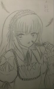 Rating: Safe Score: 0 Tags: 1girl dress eyebrows_visible_through_hair frills greyscale hairband image juliet_sleeves long_hair long_sleeves looking_at_viewer monochrome photo sketch smile solo suigintou tongue_out traditional_media User: admin