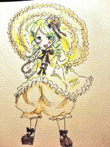 Rating: Safe Score: 0 Tags: 1girl blush bow dress frills green_eyes green_hair image kanaria long_sleeves open_mouth smile solo traditional_media User: admin