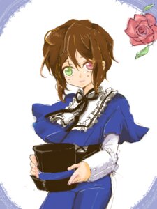 Rating: Safe Score: 0 Tags: 1girl blue_dress brown_hair dress flower frills green_eyes heterochromia holding image long_sleeves looking_at_viewer red_eyes rose short_hair solo souseiseki white_background User: admin