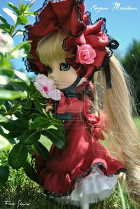 Rating: Safe Score: 0 Tags: 1girl artist_name blonde_hair blue_eyes blurry bow dated day doll dress flower grass hair_bow long_hair red_dress shinku signature solo User: admin