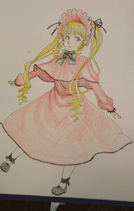 Rating: Safe Score: 0 Tags: 1girl blonde_hair blue_eyes bonnet bow bowtie dress drill_hair full_body long_hair long_sleeves looking_at_viewer photo red_dress shinku simple_background solo standing traditional_media twintails User: admin