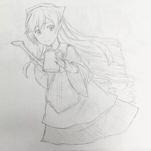 Rating: Safe Score: 0 Tags: 1girl blush book dress greyscale holding holding_book image long_hair long_sleeves looking_at_viewer monochrome sketch solo suiseiseki traditional_media very_long_hair User: admin