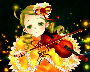 Rating: Safe Score: 0 Tags: 1girl ahoge black_background bow_(instrument) dress drill_hair flower frills green_eyes green_hair guitar hat holding_instrument image instrument kanaria long_sleeves musical_note playing_instrument ribbon rose smile solo twin_drills violin User: admin