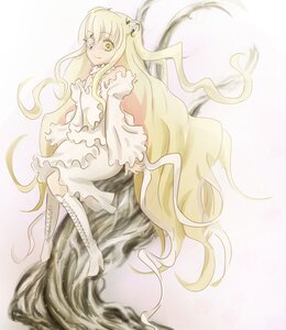Rating: Safe Score: 0 Tags: 1girl blonde_hair boots cross-laced_footwear dress full_body hair_ornament image kirakishou knee_boots long_hair long_sleeves sitting smile solo striped very_long_hair wavy_hair white_dress yellow_eyes User: admin