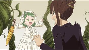 Rating: Safe Score: 0 Tags: 1boy 2girls apron brown_hair double_bun dress flower green_eyes green_hair image kanaria kusabue_mitsu letterboxed long_sleeves multiple_girls open_mouth solo User: admin