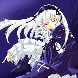 Rating: Safe Score: 3 Tags: 1girl black_ribbon dress flower frilled_sleeves frills hairband image lolita_hairband long_hair long_sleeves looking_at_viewer pink_eyes purple_flower purple_rose ribbon rose silver_hair solo suigintou wings User: admin