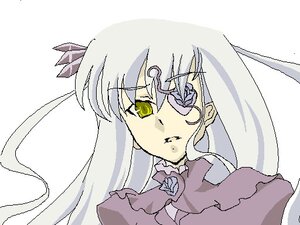 Rating: Safe Score: 0 Tags: 1girl bangs barasuishou closed_mouth eyebrows_visible_through_hair frills green_eyes hair_between_eyes image long_hair simple_background solo white_background yellow_eyes User: admin