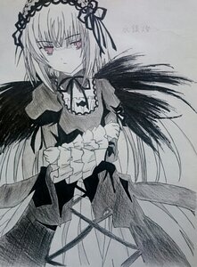 Rating: Safe Score: 0 Tags: 1girl black_wings closed_mouth detached_collar dress eyebrows_visible_through_hair frills greyscale hairband image long_hair long_sleeves looking_at_viewer monochrome ribbon solo suigintou traditional_media wings User: admin