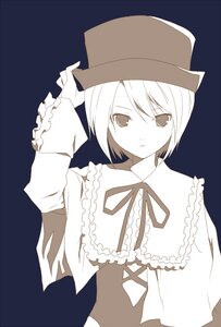 Rating: Safe Score: 0 Tags: 1girl blue_background blush capelet frills hat long_sleeves looking_at_viewer monochrome neck_ribbon ribbon short_hair simple_background solo upper_body User: admin