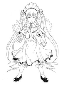 Rating: Safe Score: 0 Tags: 1girl auto_tagged dress full_body greyscale image long_hair long_sleeves looking_at_viewer monochrome shinku shoes solo standing twintails very_long_hair white_background User: admin