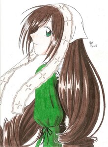 Rating: Safe Score: 0 Tags: 1girl apron artist_name bangs brown_hair closed_mouth dated dress eyebrows_visible_through_hair frills green_dress green_eyes head_scarf image long_hair long_sleeves looking_at_viewer marker_(medium) profile signature simple_background smile solo striped suiseiseki traditional_media very_long_hair white_apron white_background User: admin