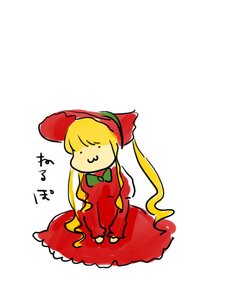 Rating: Safe Score: 0 Tags: 1girl blonde_hair bow closed_eyes dress full_body hat image long_hair long_sleeves red_dress shinku simple_background smile solo v_arms very_long_hair User: admin