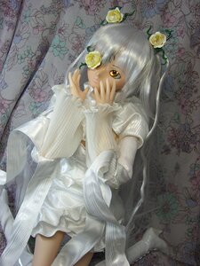 Rating: Safe Score: 0 Tags: 1girl bangs blunt_bangs doll dress eyepatch flower frills kirakishou long_hair lying rose solo traditional_media white_dress yellow_eyes User: admin