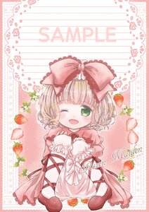 Rating: Safe Score: 0 Tags: 1girl apple blonde_hair blush bow dress food frills fruit green_eyes hair_bow hina_ichigo one_eye_closed open_mouth pink_bow pink_dress short_hair smile solo strawberry User: admin