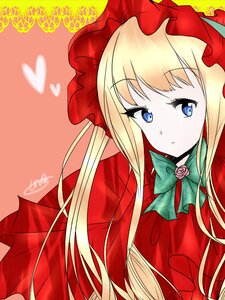 Rating: Safe Score: 0 Tags: 1girl blonde_hair blue_eyes blush bonnet bow bowtie capelet dress flower green_bow hat heart image long_hair long_sleeves looking_at_viewer red_capelet red_dress rose shinku simple_background solo User: admin