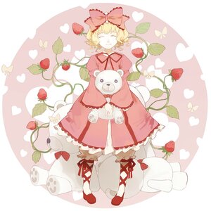 Rating: Safe Score: 0 Tags: 1girl apple blonde_hair bow bug butterfly cherry closed_eyes dress flower food fruit grapes hair_bow heart hina_ichigo hinaichigo holding_fruit image insect smile solo strawberry strawberry_hair_ornament strawberry_print stuffed_animal User: admin