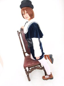 Rating: Safe Score: 0 Tags: 1girl brown_hair dress full_body hat lips long_sleeves looking_at_viewer necklace shoes short_hair sitting solo souseiseki striped striped_legwear vertical-striped_legwear vertical_stripes User: admin