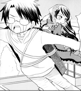 Rating: Safe Score: 0 Tags: 1boy 1girl blush glasses greyscale hood image long_hair monochrome open_mouth solo suiseiseki User: admin