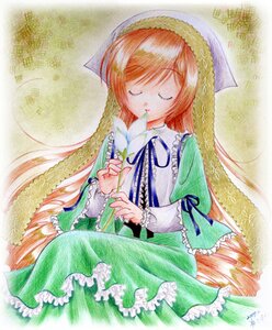 Rating: Safe Score: 0 Tags: 1girl bonnet closed_eyes dress flower frills green_dress image long_hair long_sleeves ribbon solo suiseiseki traditional_media very_long_hair watercolor_(medium) User: admin