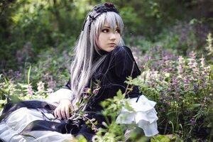 Rating: Safe Score: 0 Tags: 1girl bangs black_dress blurry closed_mouth depth_of_field dress flower frills gothic_lolita hairband lips lolita_fashion long_hair long_sleeves outdoors silver_hair sitting solo suigintou User: admin
