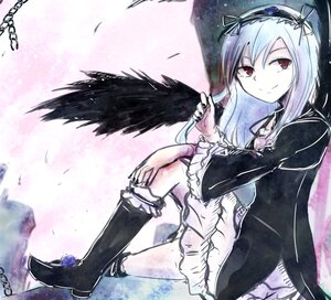 Rating: Safe Score: 0 Tags: 1girl black_feathers black_footwear black_legwear black_wings chain dress feathered_wings feathers flower frills hairband image kneehighs long_hair long_sleeves red_eyes ribbon rose silver_hair sitting smile solo suigintou wings User: admin