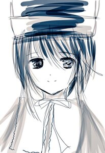 Rating: Safe Score: 0 Tags: 1girl bangs bare_shoulders blush closed_mouth eyebrows_visible_through_hair hariruri image looking_at_viewer monochrome signature simple_background sketch smile solo souseiseki striped upper_body white_background User: admin