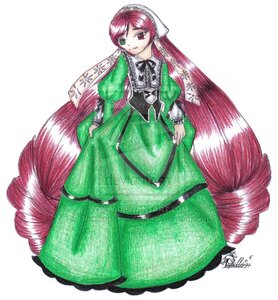 Rating: Safe Score: 0 Tags: 1girl artist_name bow dress drill_hair frills full_body green_dress green_eyes hat heterochromia hong_meiling image long_hair long_sleeves looking_at_viewer neck_ribbon red_eyes ribbon signature solo suiseiseki traditional_media twin_drills very_long_hair white_background User: admin