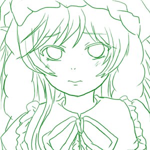 Rating: Safe Score: 0 Tags: 1girl animal_ears blush eyebrows_visible_through_hair green_theme hat image lineart long_hair looking_at_viewer monochrome simple_background solo suiseiseki upper_body wavy_mouth white_background User: admin